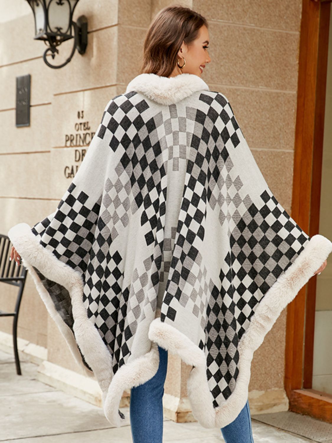 Fuzzy Checkered Long Sleeve Poncho-Angel Casuals