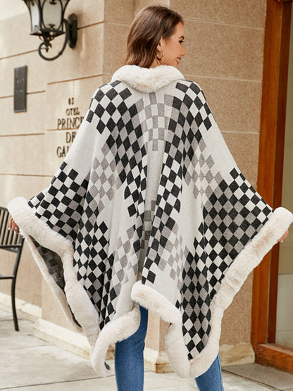 Fuzzy Checkered Long Sleeve Poncho-Angel Casuals