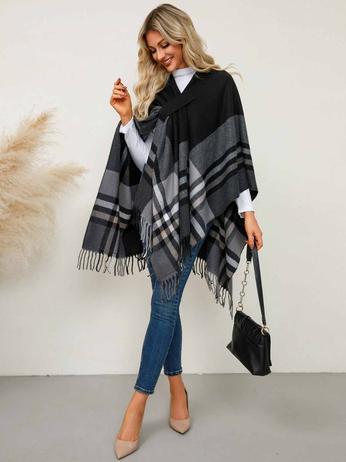Fringe Contrast Plaid Poncho-Angel Casuals