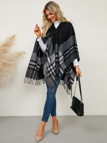 Fringe Contrast Plaid Poncho-Angel Casuals