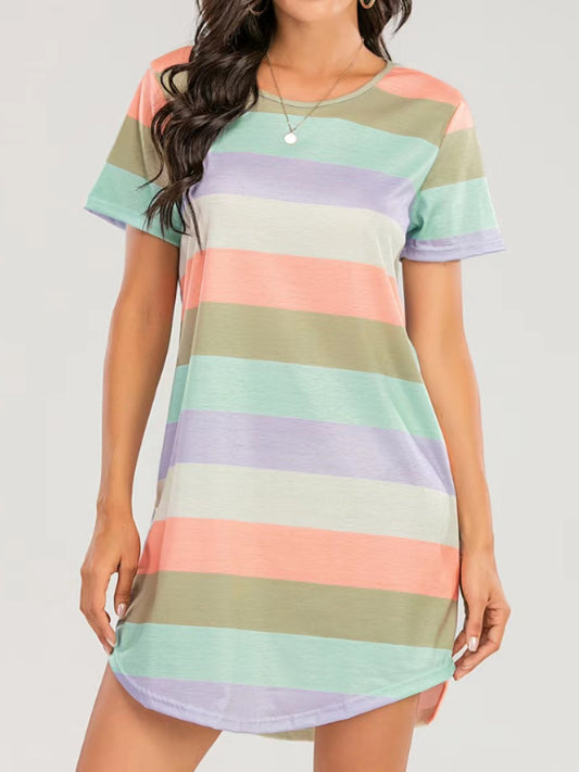 Striped Round Neck Short Sleeve Tee Dress-Angel Casuals