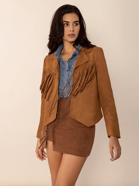 Tied Tassel Collared Neck Long Sleeve Jacket-Angel Casuals