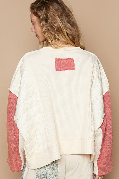 POL Waffle-Knit Contrast Notched Long Sleeve Knit Top-Angel Casuals