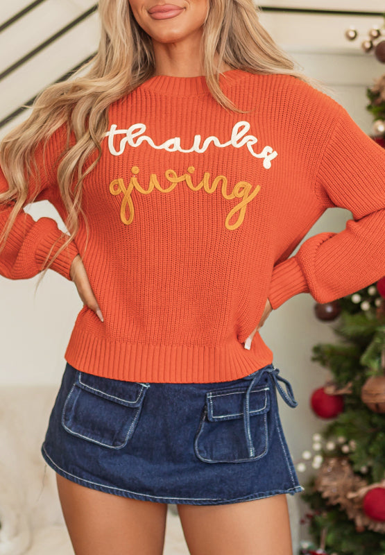 THANKS GIVING Round Neck Long Sleeve Sweater-Angel Casuals