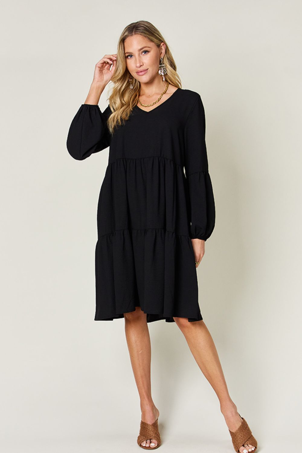 Double Take Full Size V-Neck Balloon Sleeve Tiered Dress-Angel Casuals