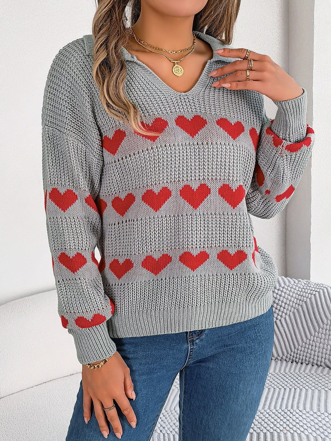 Heart Johnny Collar Long Sleeve Sweater-Angel Casuals