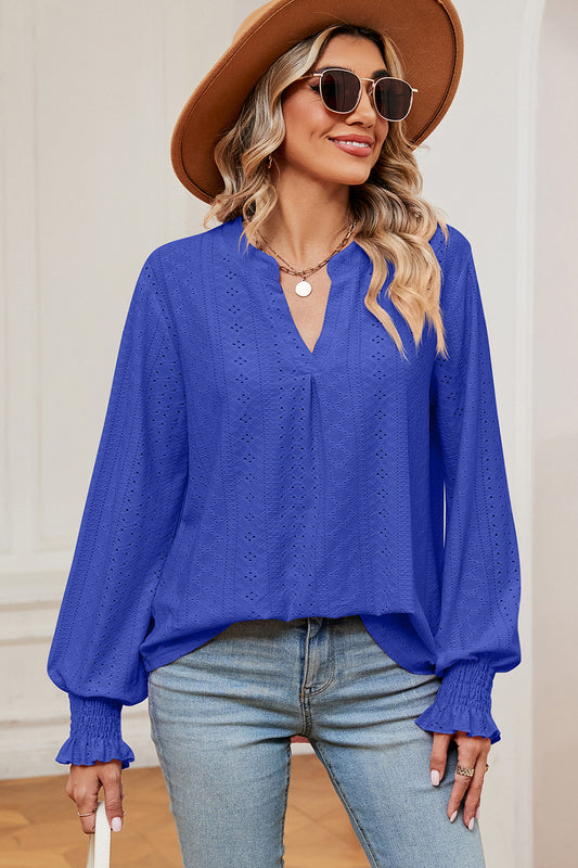Eyelet Notched Long Sleeve T-Shirt-Angel Casuals