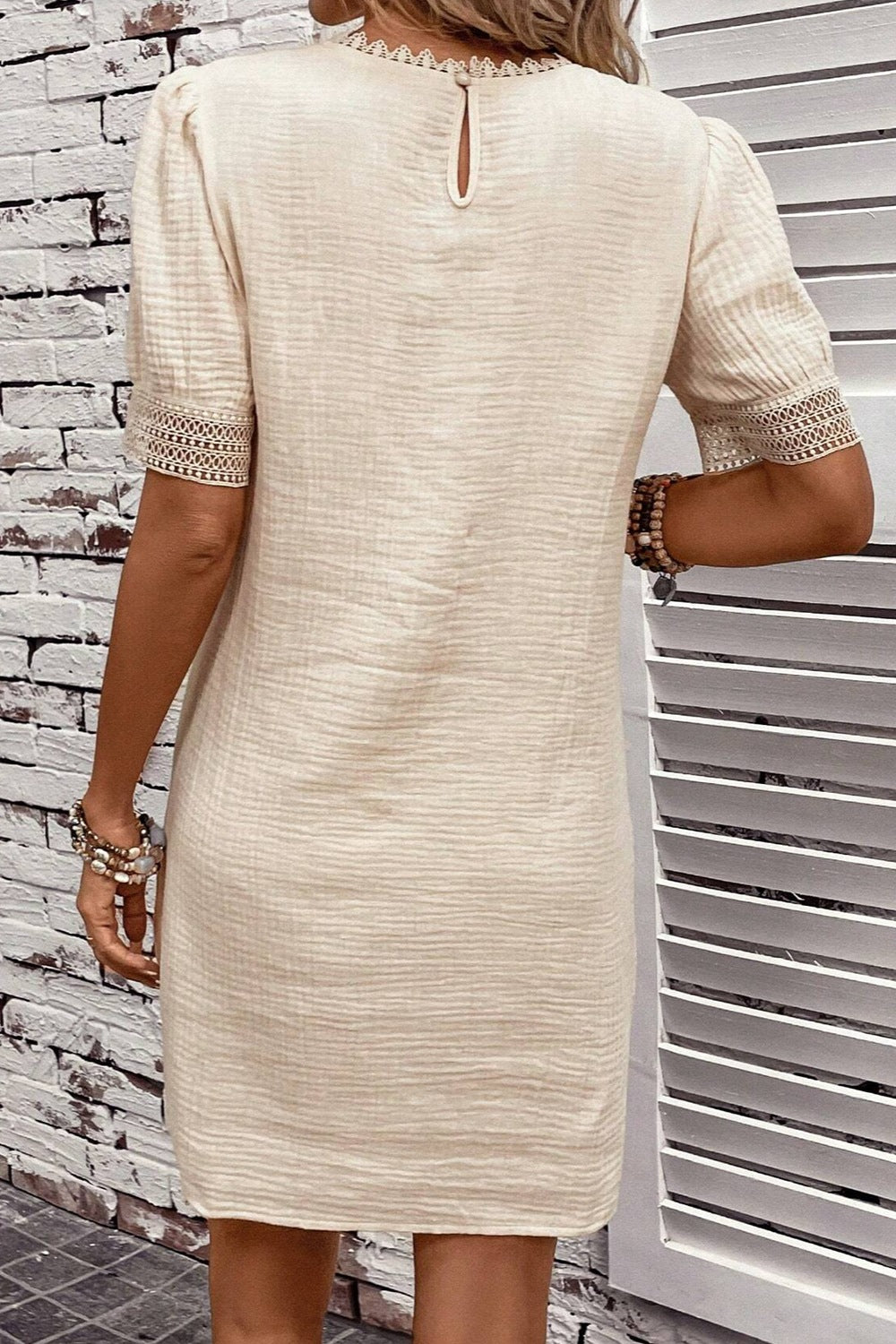 Lace Detail Round Neck Short Sleeve Mini Dress-Angel Casuals