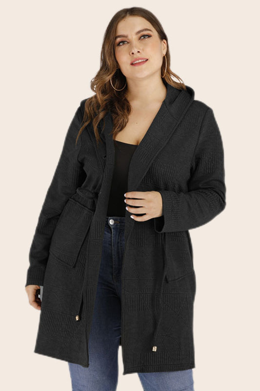 Plus Size Drawstring Waist Hooded Cardigan with Pockets-Angel Casuals