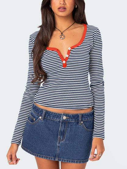 Buttoned Striped Long Sleeve T-Shirt-Angel Casuals