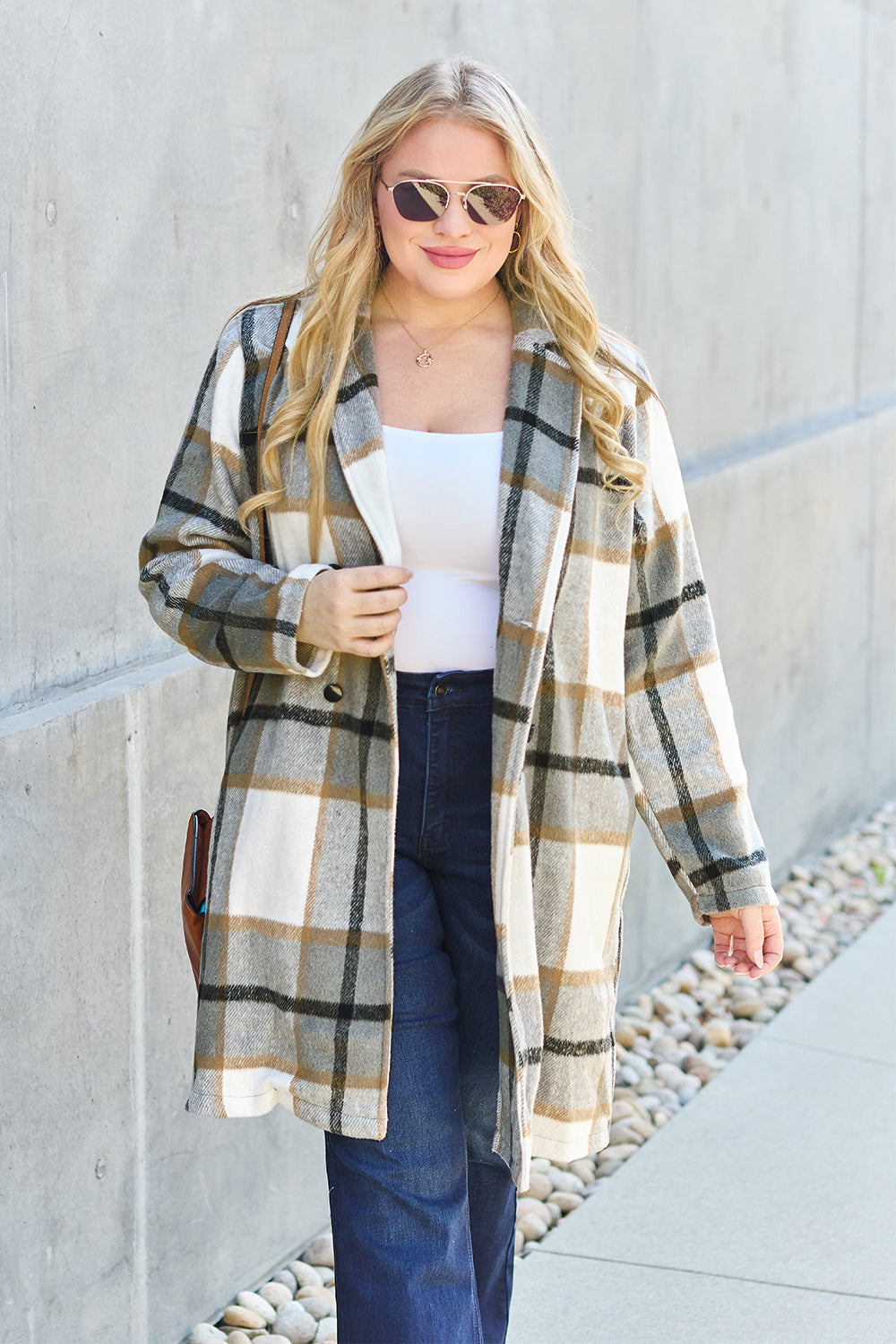 Double Take Full Size Plaid Button Up Lapel Collar Coat-Angel Casuals