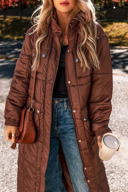 Pocketed Bubble Texture Long Sleeve Longline Winter Coat-Angel Casuals