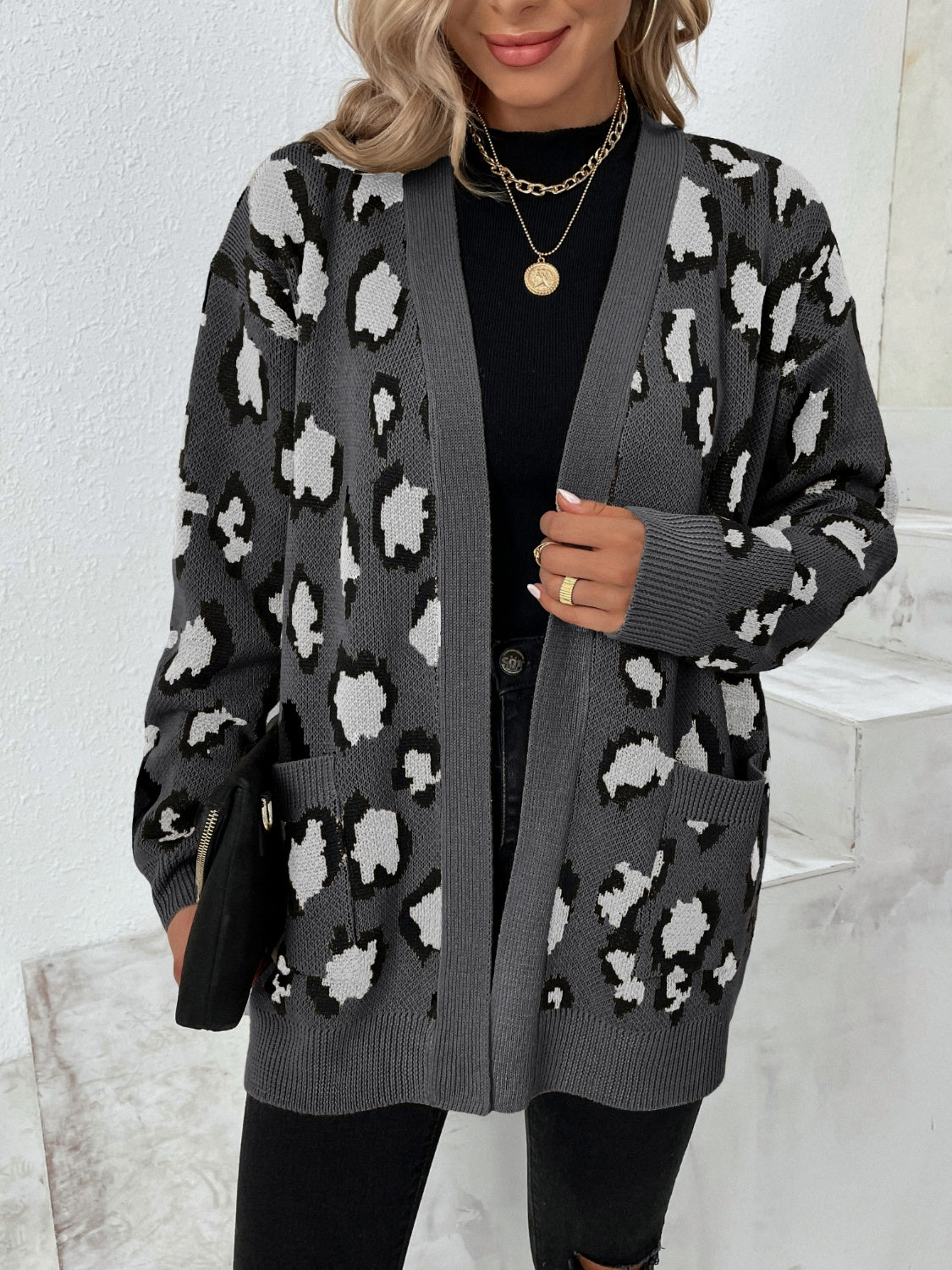Leopard Open Front Dropped Shoulder Cardigan-Angel Casuals