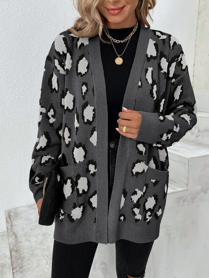 Leopard Open Front Dropped Shoulder Cardigan-Angel Casuals