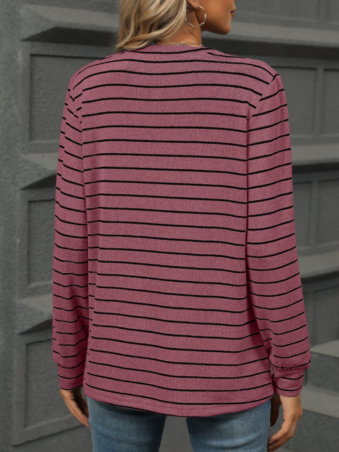Striped Notched Long Sleeve T-Shirt-Angel Casuals