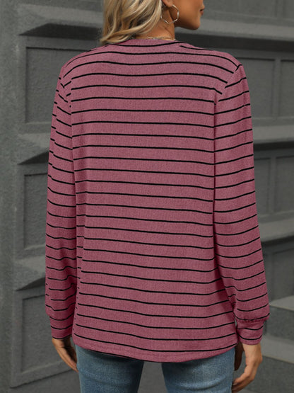 Striped Notched Long Sleeve T-Shirt-Angel Casuals