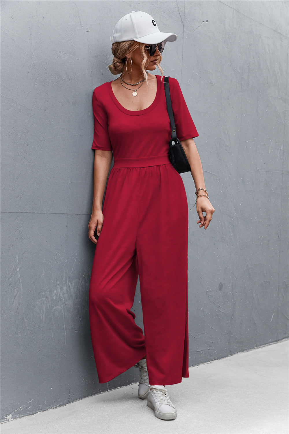 Scoop Neck Half Sleeve Wide Leg Jumpsuit-Angel Casuals