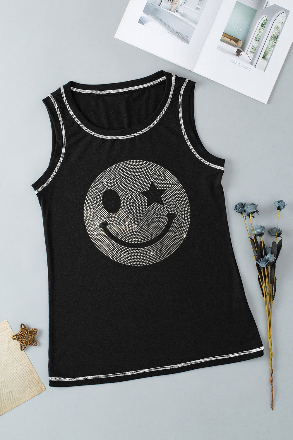 Rhinestone Smile Face Round Neck Tank-Angel Casuals