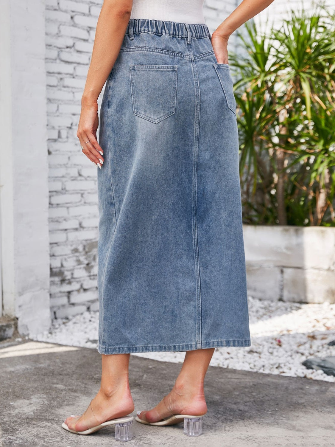 Slit Midi Denim Skirt with Pockets-Angel Casuals