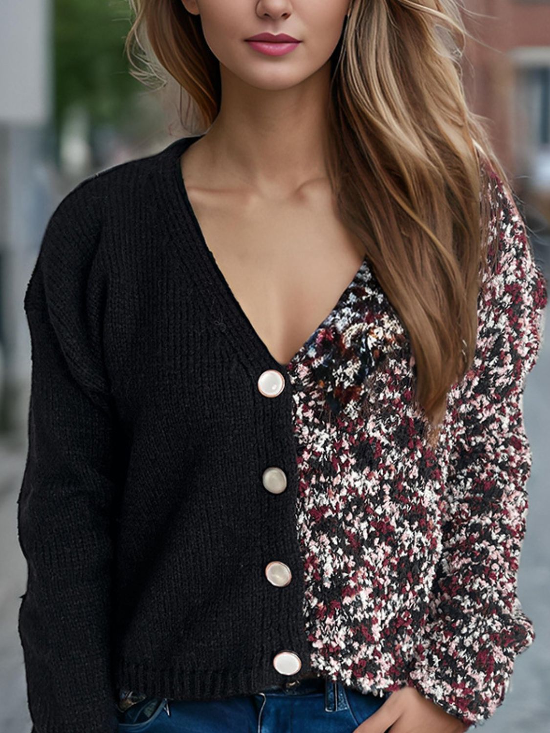 Contrast Button Up V-Neck Cropped Cardigan-Angel Casuals