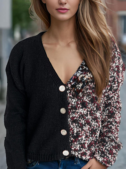 Contrast Button Up V-Neck Cropped Cardigan-Angel Casuals