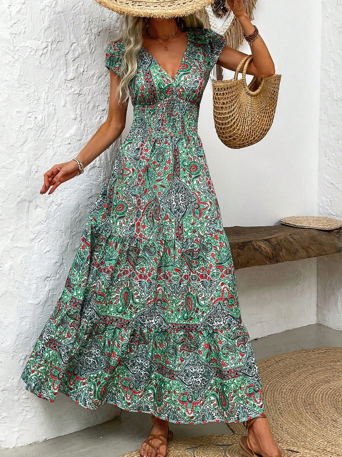 Smocked Printed Cap Sleeve Midi Dress-Angel Casuals