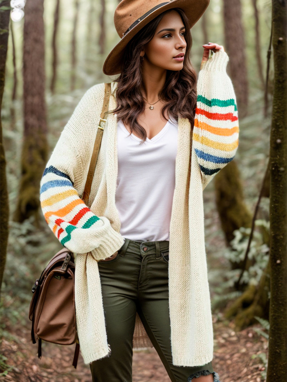 Striped Open Front Long Sleeve Cardigan-Angel Casuals
