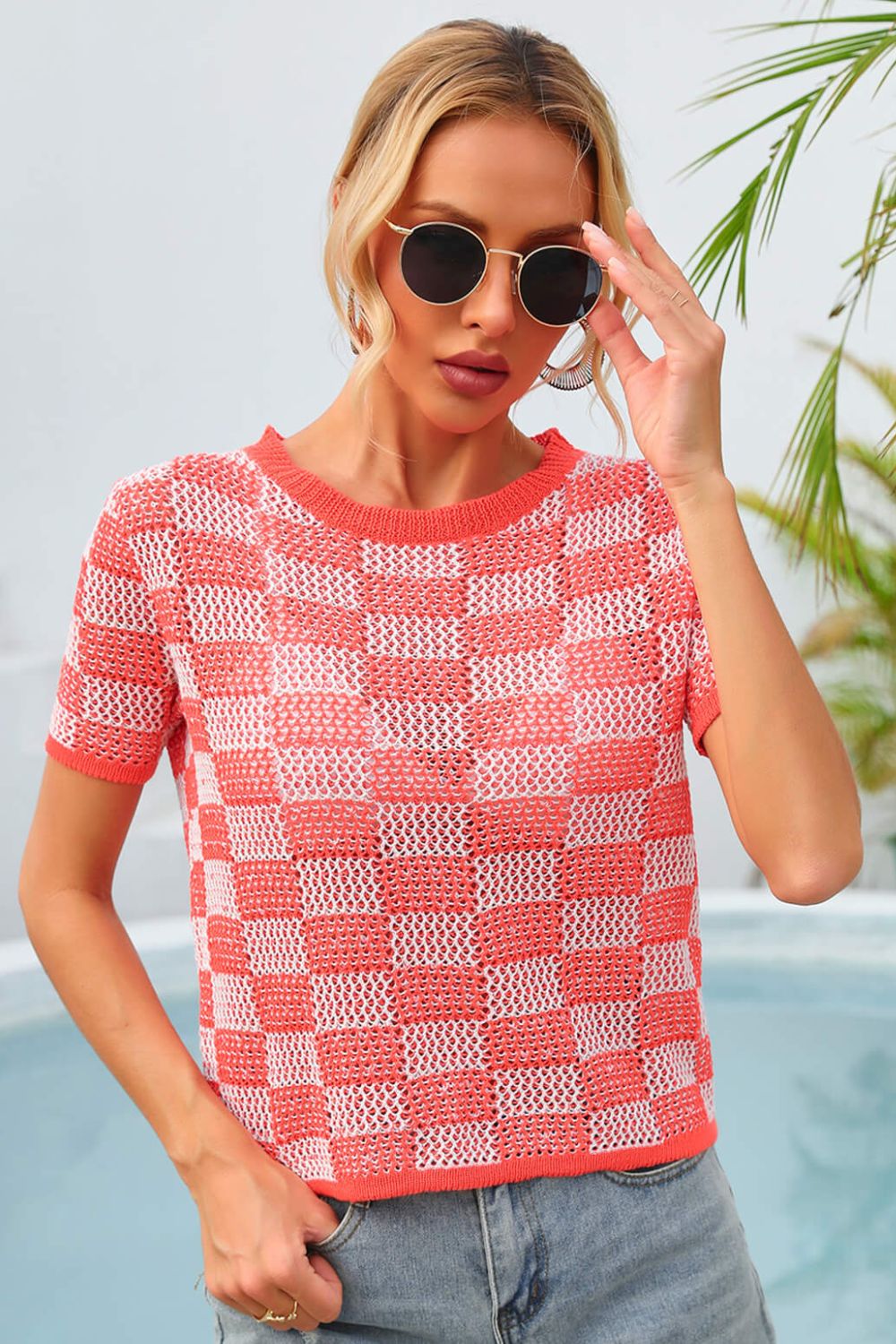 Angel Wings Checkered Short Sleeve Knit Top-Angel Casuals