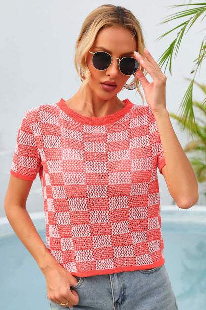 Angel Wings Checkered Short Sleeve Knit Top-Angel Casuals