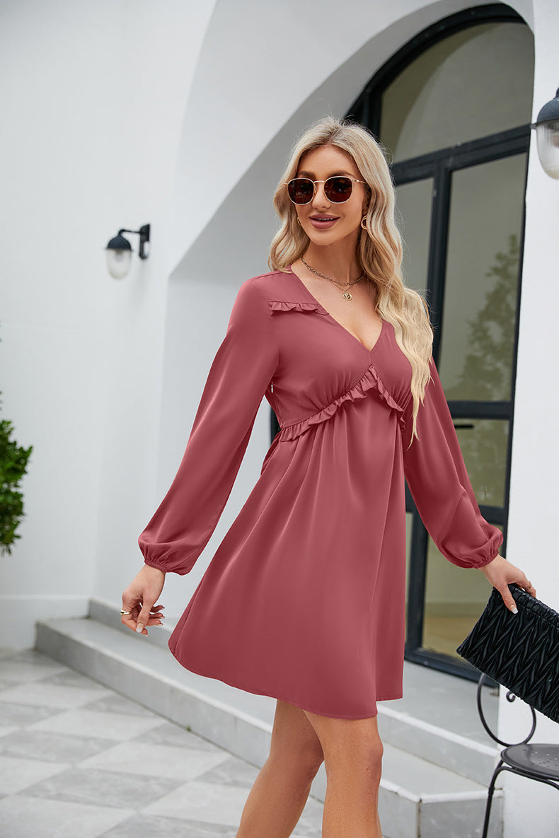 Frill Trim V-Neck Long Sleeve Dress-Angel Casuals