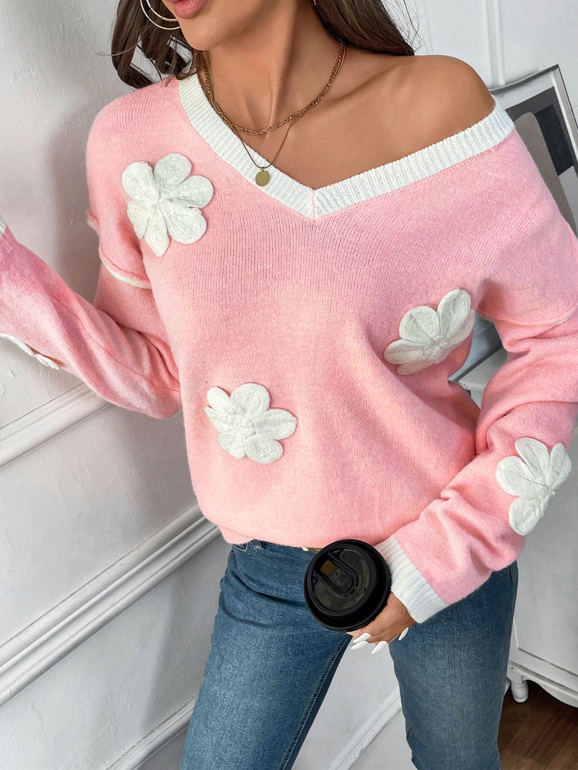 Perfee Flower V-Neck Long Sleeve Sweater-Angel Casuals