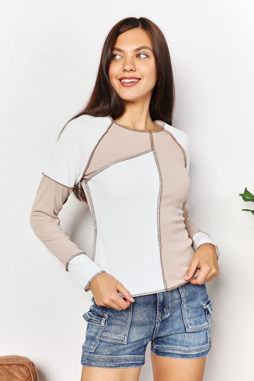 Double Take Color Block Exposed Seam Top-Angel Casuals