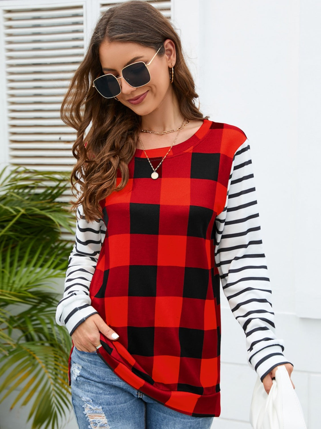 Plaid Striped Round Neck Long Sleeve T-Shirt-Angel Casuals