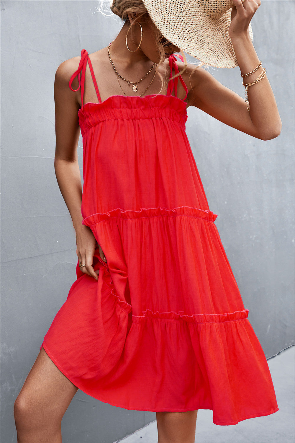 Tie-Shoulder Frill Trim Sleeveless Dress-Angel Casuals