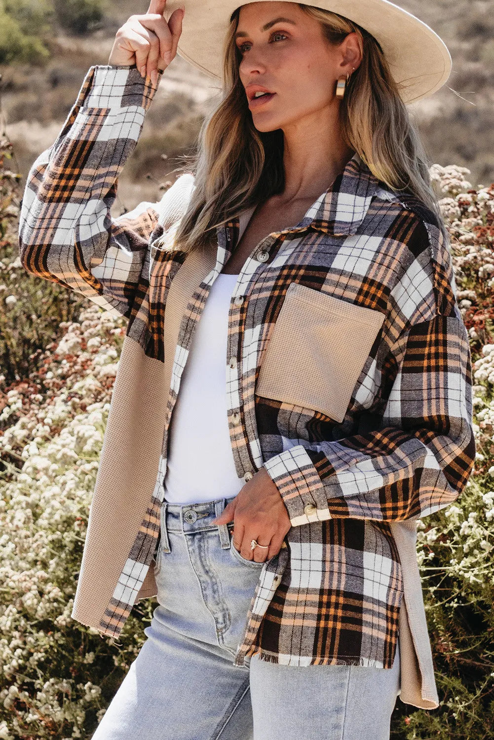 Pocketed Plaid Collared Neck Dropped Shoulder Shacket-Angel Casuals