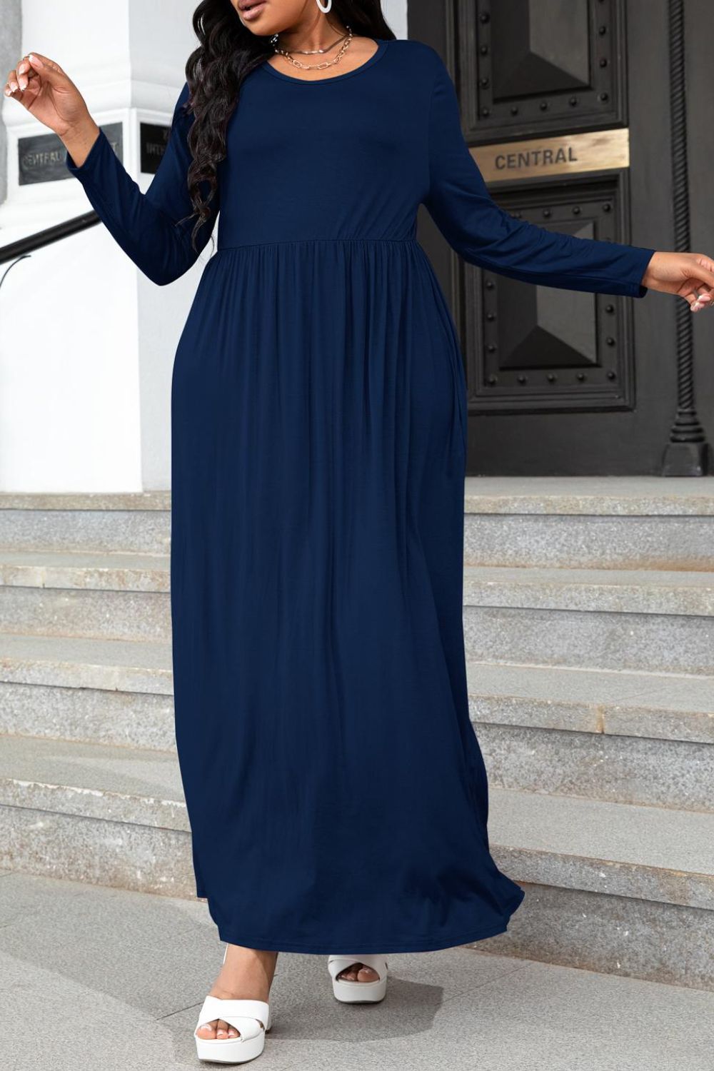 Plus Size Round Neck Long Sleeve Maxi Dress with Pockets-Angel Casuals