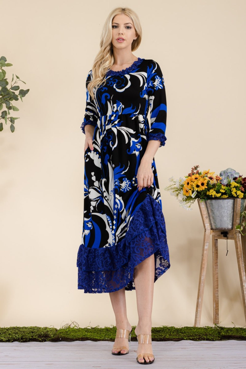 Celeste Full Size Paisley Print Lace Ruffled Midi Dress-Angel Casuals