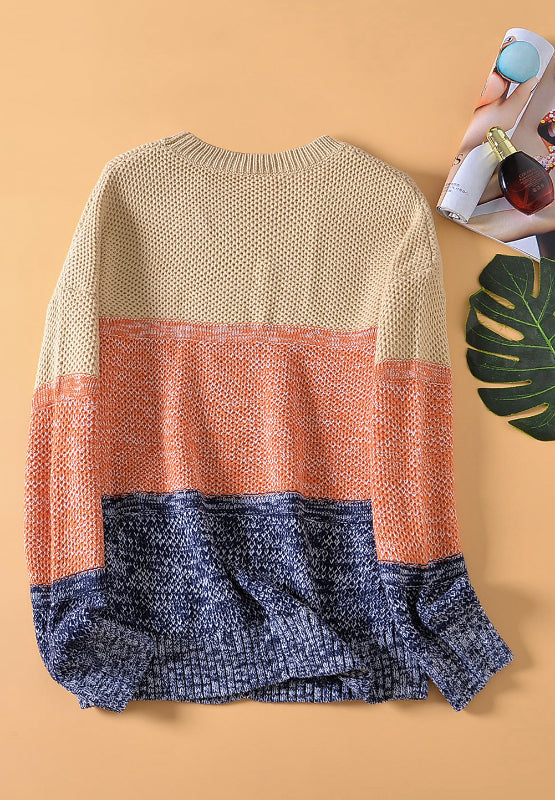 Color Block Round Neck Long Sleeve Sweater-Angel Casuals