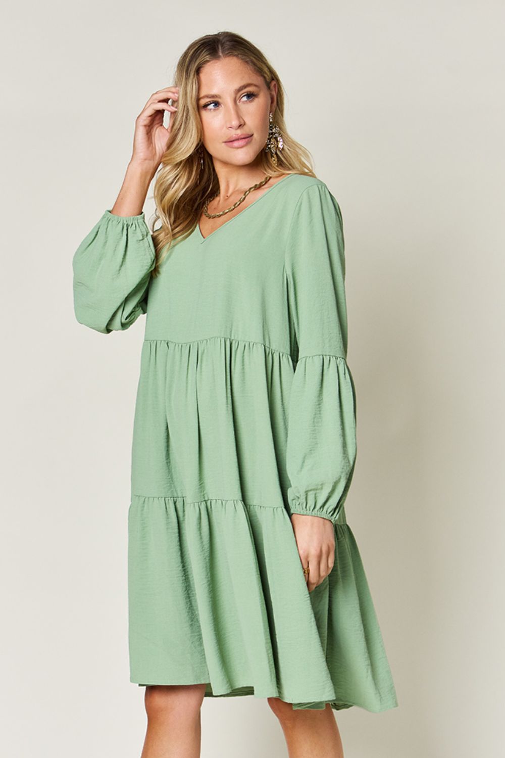 Double Take Full Size V-Neck Balloon Sleeve Tiered Dress-Angel Casuals