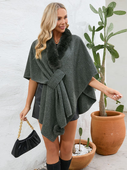 Fuzzy Trim Open Front Poncho-Angel Casuals