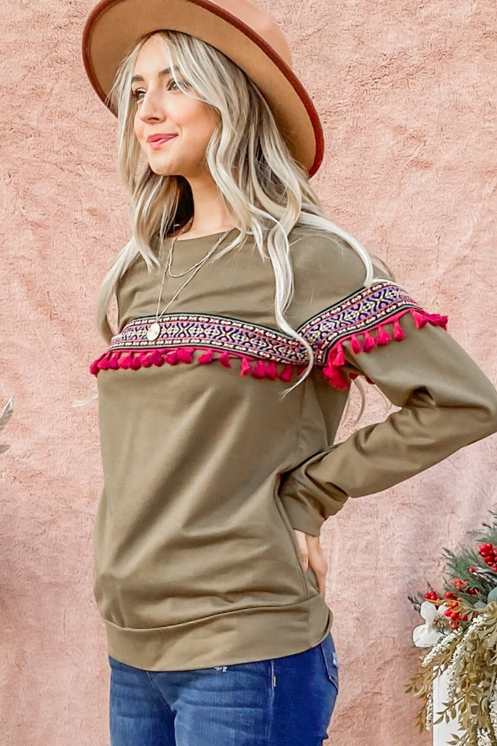 And The Why Ethnic Ribbon Tassel Trim Top-Angel Casuals