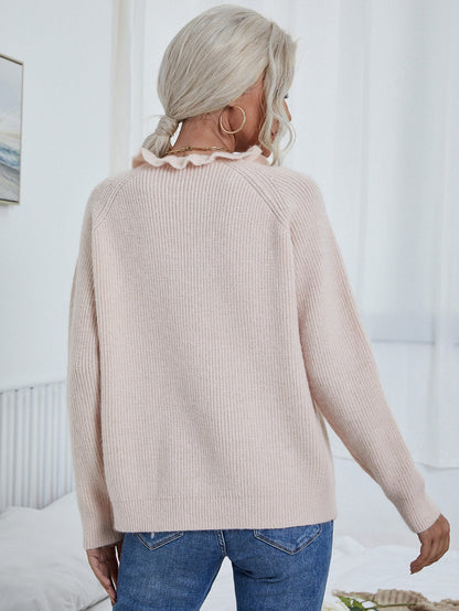 Button Detail Frill Neck Rib-Knit Sweater-Angel Casuals