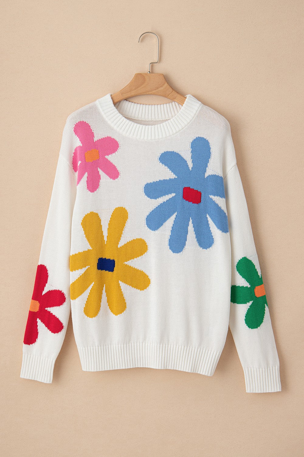 Flower Round Neck Dropped Shoulder Sweater-Angel Casuals