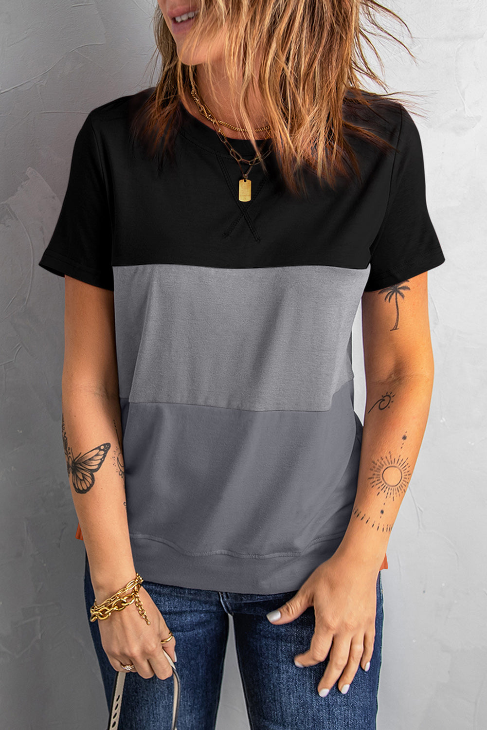 Color Block Side Slit Round Neck T-Shirt-Angel Casuals