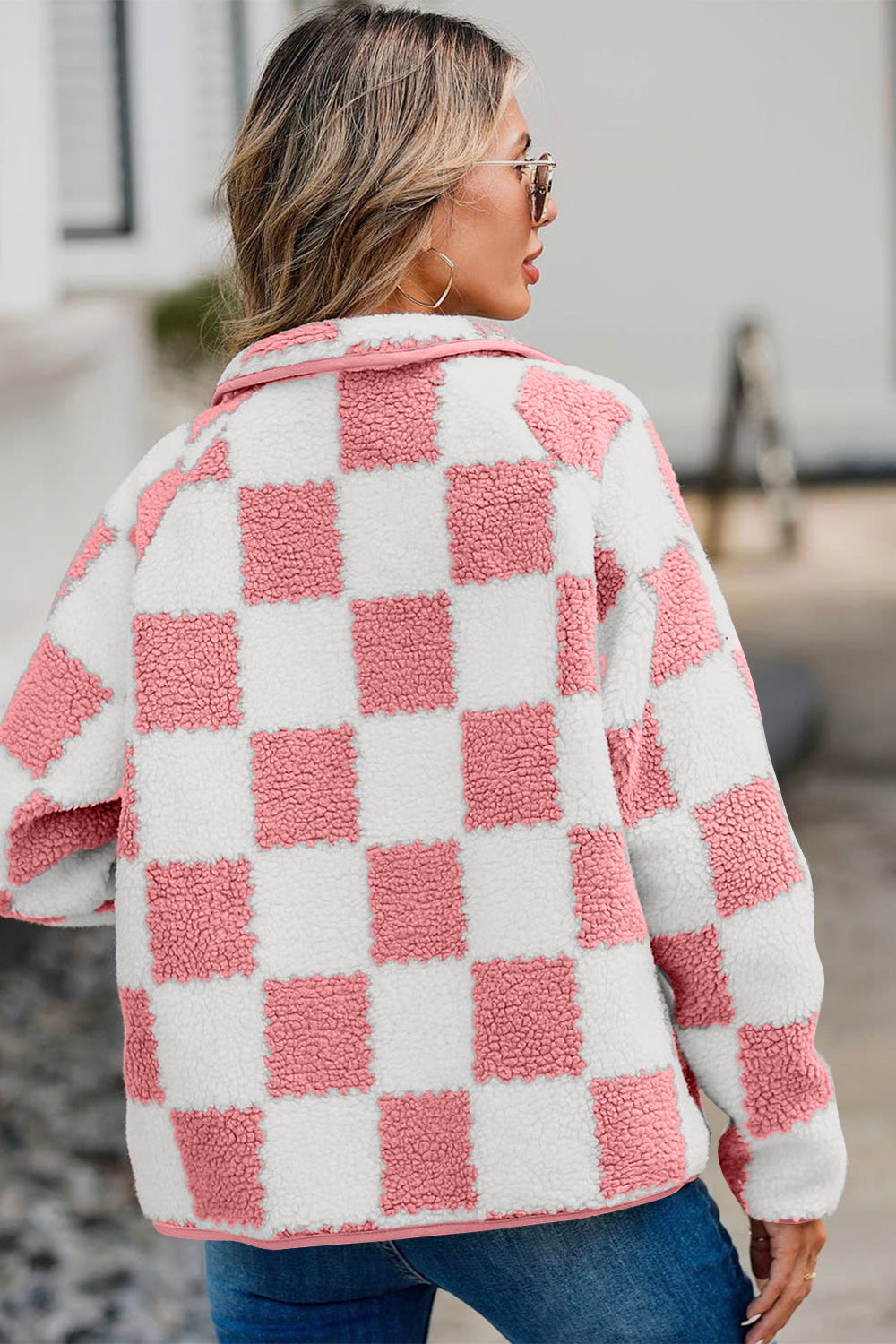 Checkered Snap Down Long Sleeve Teddy Jacket-Angel Casuals