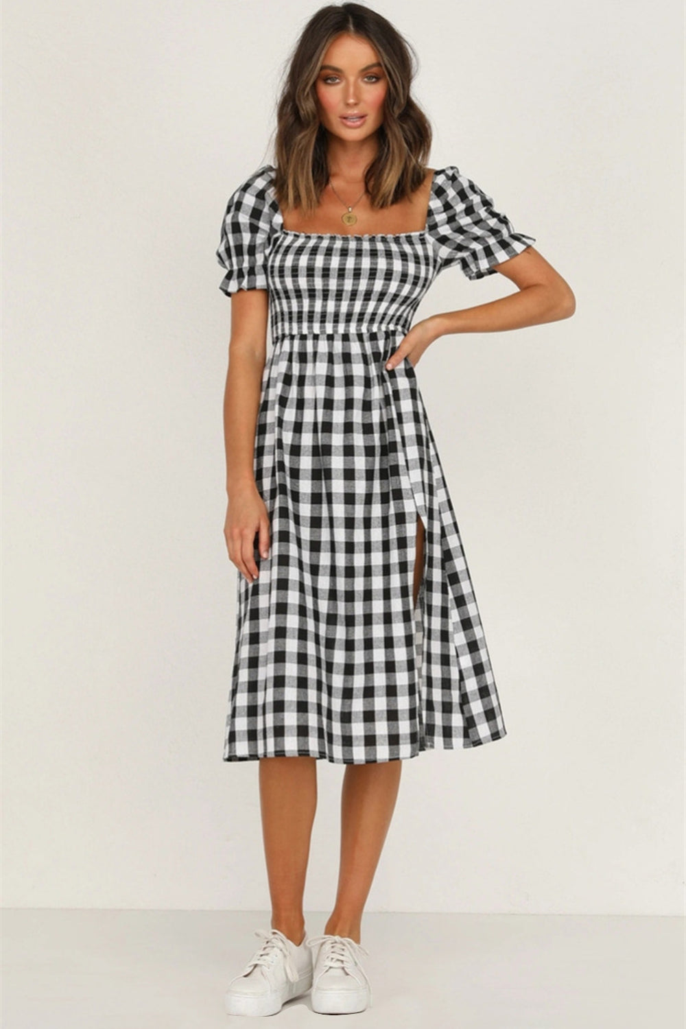 Full Size Slit Plaid Short Sleeve Midi Dress-Angel Casuals