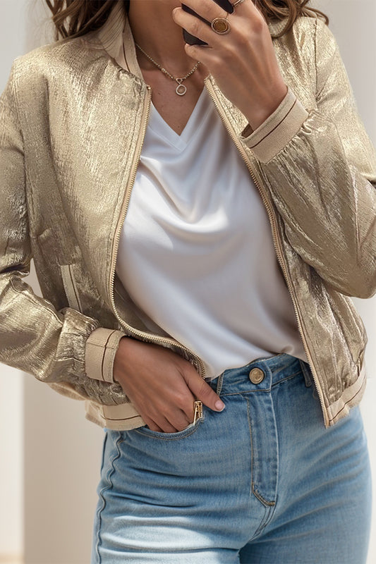 Baseball Collar Zip Up Long Sleeve Jacket-Angel Casuals