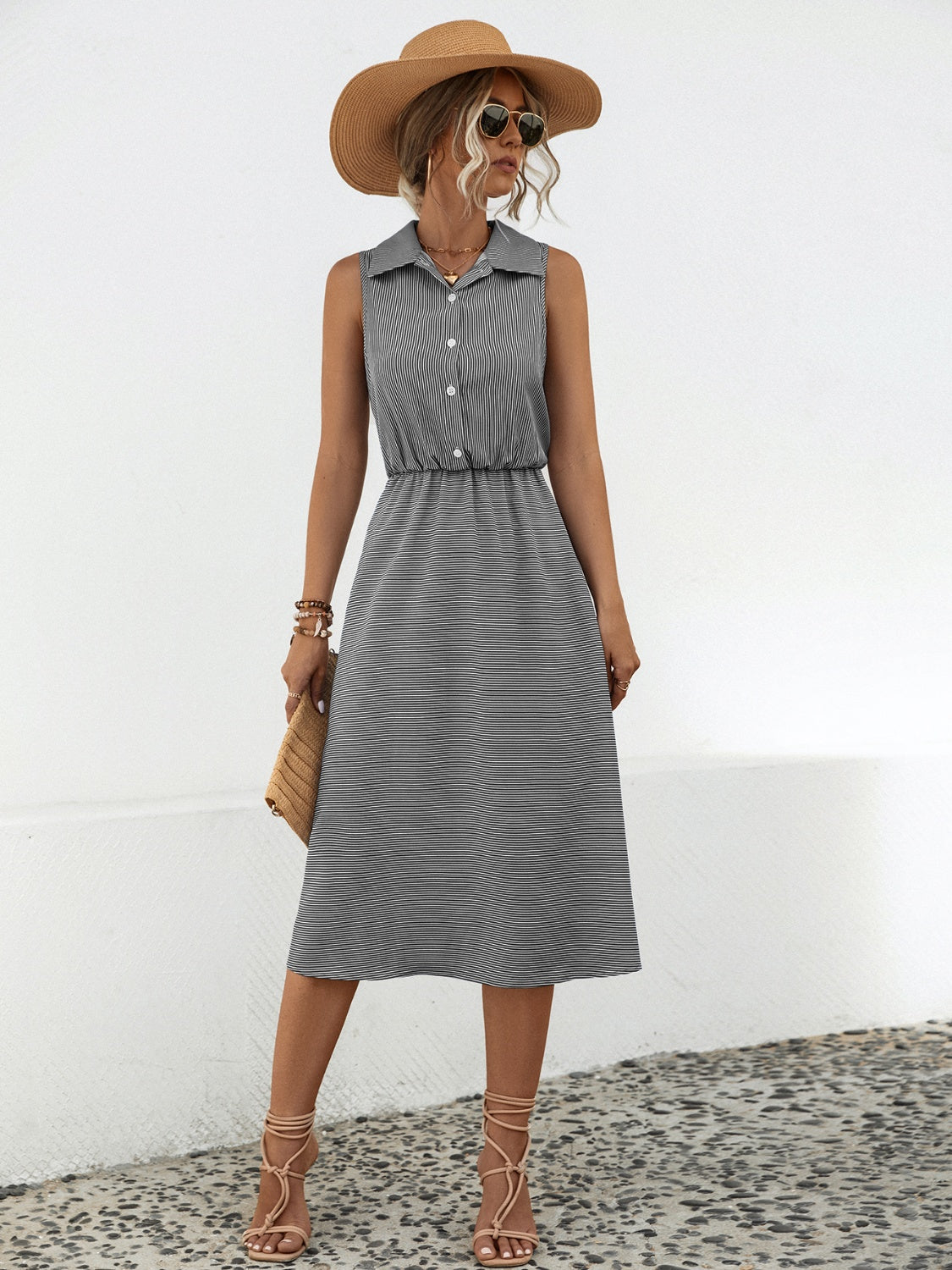 Striped Collared Neck Sleeveless Midi Dress-Angel Casuals