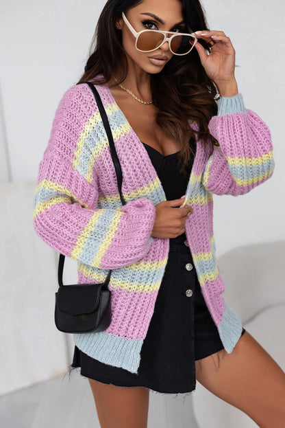 Striped Lantern Sleeve Dropped Shoulder Cardigan-Angel Casuals