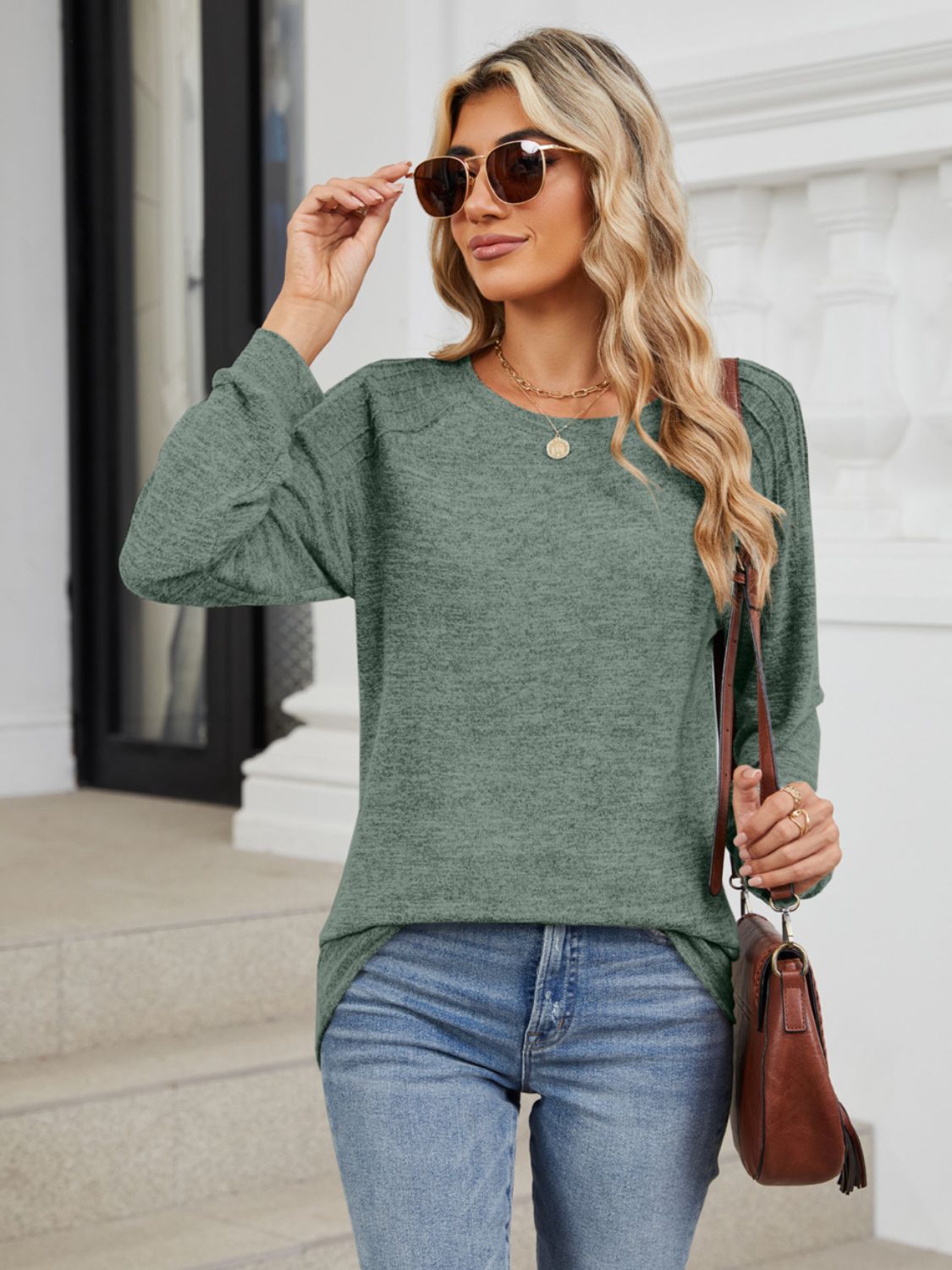 Round Neck Long Sleeve T-Shirt-Angel Casuals